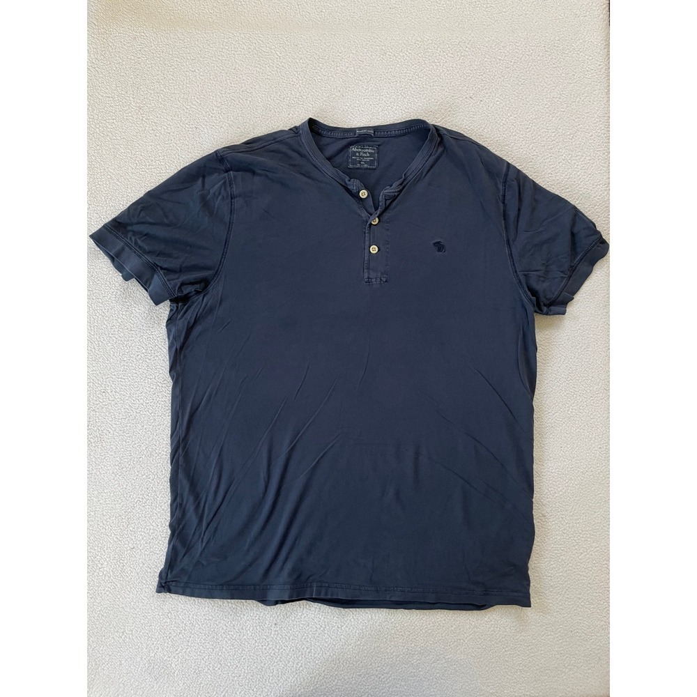 Abercrombie & Fitch Mens XXL Henley Shirt Navy Blue Garment Dyed Cotton Logo